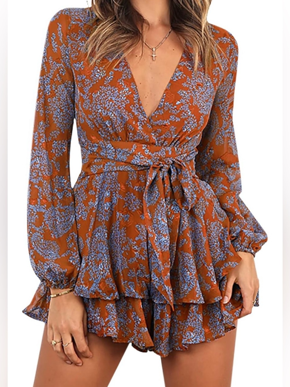 Flowy Dark Orange and Gray Floral Romper-Dressy Shorts, US Women’s Size L